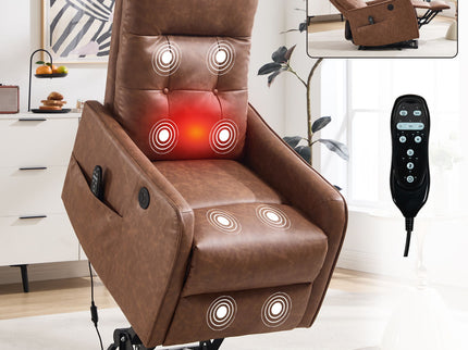 Single Motor Power Lift Recliner Chair With Massage And Heat, USB For Charging - Brown