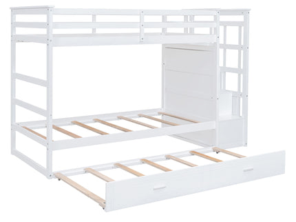 Twin Over Twin Bunk Bed With Trundle And Staircase - White