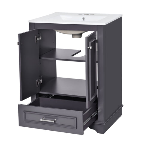 Bathroom Vanity With Ceramic Sink Combo, Modern Freestanding Storage Cabinet With Silver Handles