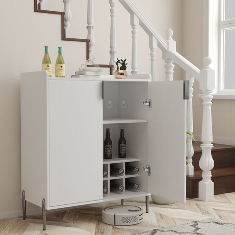 2 Door Wine Bar Cabinet With Adjustable Shelf, Soft-Closing Hinges, And High Feet - White