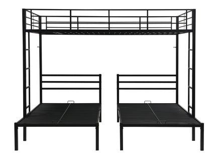 Modern Metal Triple Bunk Bed With Vertical Ladder, Safety Rail, And Storage Shelf - Black