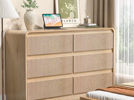 6 Drawer Dresser With Fluted Panel For Bedroom - Beige / Natural