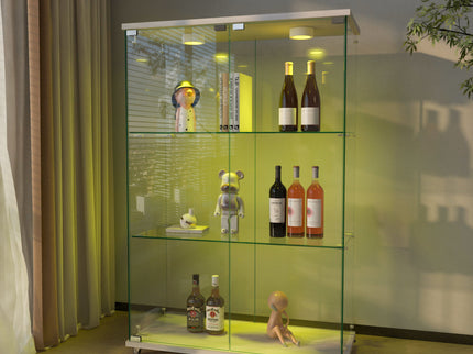 Modern Display Cabinet With LED Lights, Transparent Tempered Glass 2 Door Storage Case With 3 Shelves