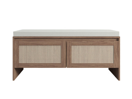 Storage Bench With Cushion, Shoe Cabinet With 2 Doors - Antique Natural / Rattan