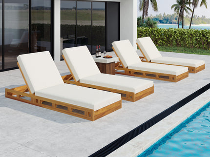 Premium Acacia Wood Lounge Chaise Set With Water Resistant Cushions, Adjustable Recline - Cream / Teak