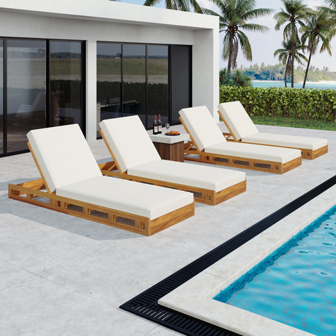 Premium Acacia Wood Lounge Chaise Set With Water Resistant Cushions, Adjustable Recline - Cream / Teak