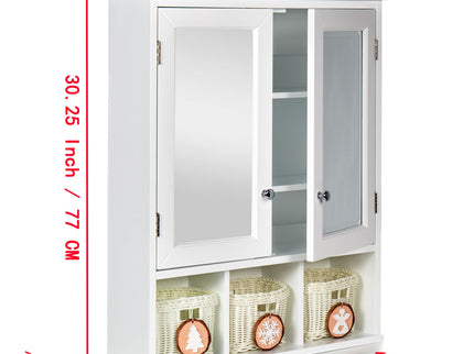 Bathroom Storage Cabinet, Medicine Cabinets For Bathroom With Mirror, 2 Doors 2 Adjustable Shelf & 3 Christmas Style Storage Basket - White