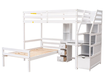 Loft Bed With Stand Alone Bed, Storage Staircase, Desk, Shelves, And Drawers