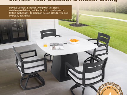 Outdoor Patio Dining Set, Squircle Dining Table, Dining Chairs With Sunbrella Cushions