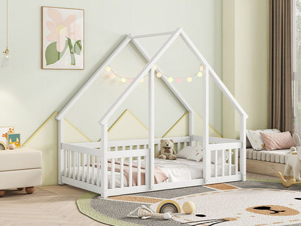 Wood House-Shaped Floor Bed With Fence, Guardrails