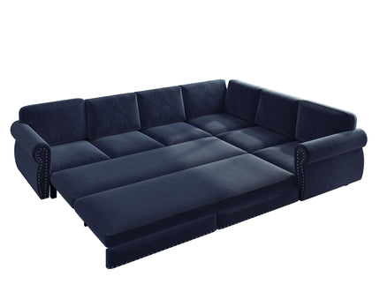 L-Shaped Sofa Couch With Pull Out Bed With Nailhead Trim & Rolled Arm