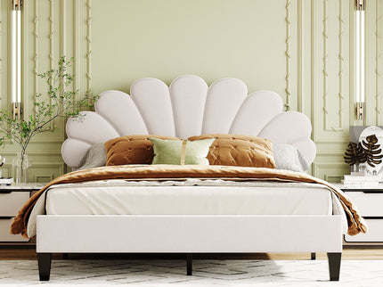 Upholstered Platform Bed With Flower Pattern Headboard