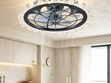 Caged Ceiling Fan With Remote Controlled Dimmable LED Lights, Flush Mount Fan, Low Profile Design - Matte Black