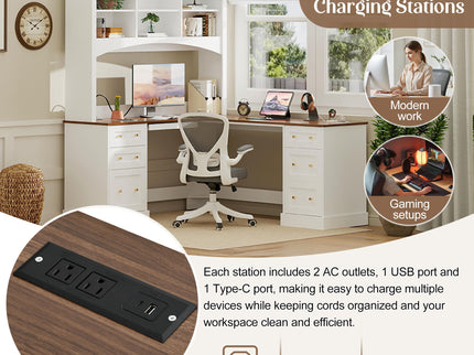 Space Saving L-Shaped Computer Desk With Keyboard Tray & Charging Stations