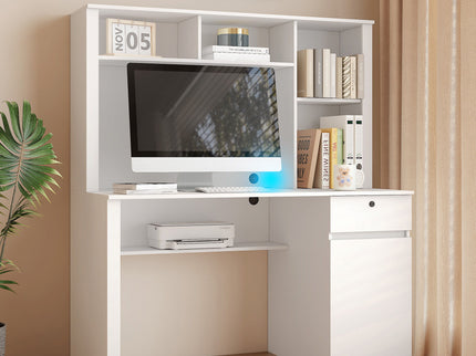 Computer Desk With Hutch & Bookshelf, Wood Executive Desk Teens Student Desk Writing Laptop Home Office Desk With Drawers, 3 Ac Outlets And 2 USB Charging Ports, Study Laptop Table For Home - White