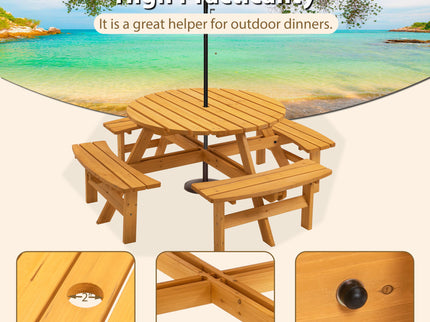 8 Person Wooden Picnic Table, Outdoor Camping Dining Table With Seat, Garden, Diy With 4 Built-In Benches, 2220Lb Capacity