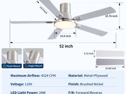 Flush Mount Ceiling Fans With LED Light And Remote Control, 5 Blades