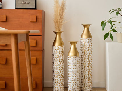 Mother's Day Gift Set Gilded White 3D Relief Flower Metal Vase Set - White / Gold