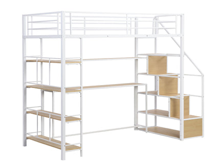 Twin Size Loft Bed With Built In Desk, Staircase Storage & 4 Tier Shelves - White