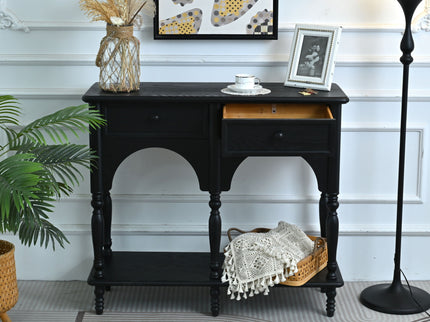 Accent Carved Console Table With Open Shelf And 2 Drawers For Living Room - Black