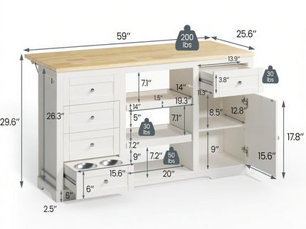 Drop Leaf Kitchen Island With Storage, Power Outlet & Pet Bowl Drawer - White / Light Oak