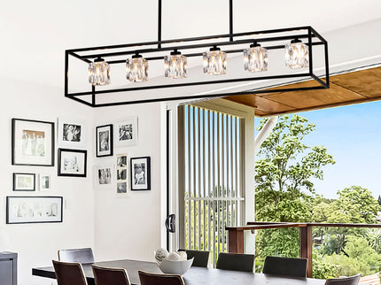 6 Light Farmhouse Chandelier, Modern Industrial Linear Rectangular Crystal Pendant Light Cage Chandelier For Dining Room, Kitchen Island, Bar, Long Table, G9*6 Bulbs Included - Matte Black