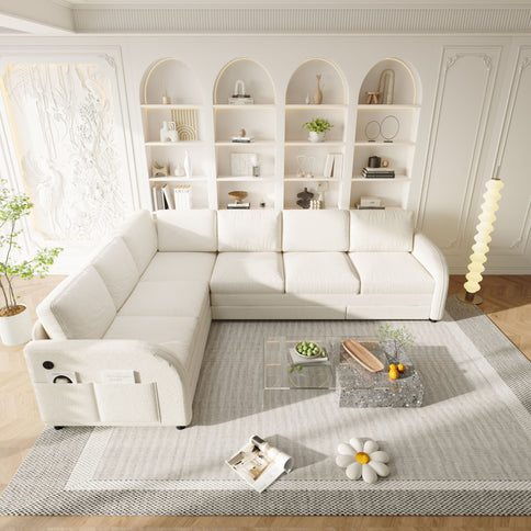 L-Shaped Couch With Pull-Out Bed, Convertible Sleeper Sofa With Side Pocket & USB Port