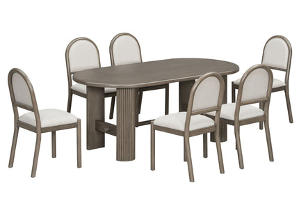 Oval Dining Table Set For 6 With Fluted Pedestal Base, 7 Piece Set Including 6 Upholstered Chairs