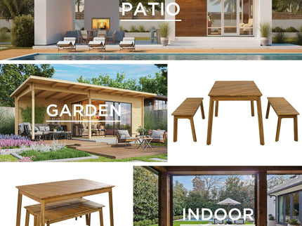 3 Pieces Acacia Wood Table Bench Dining Set For Outdoor & Indoor Furniture With 2 Benches, Picnic Beer Table For Patio, Porch, Garden, Poolside - Natural