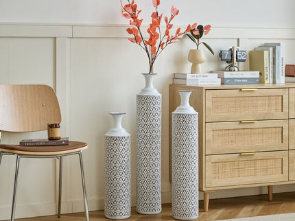 Modern Floor Vase Set Metal Vases With Geometric Pattern, 3 Piece Home Decor Set - White / Black