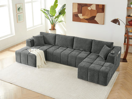 U - Shaped Sectional Sofa, Cup Holders & Side Pockets For Living Room