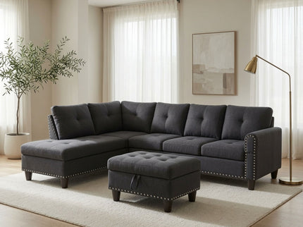 L - Shaped 3 Piece Sectional Sofa With Chaise, Storage Ottoman & Cup Holders