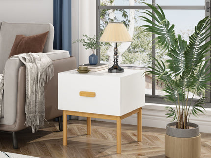 Nightstand With Drawer, Minimalist Bedside Table With Handle For Bedroom - White