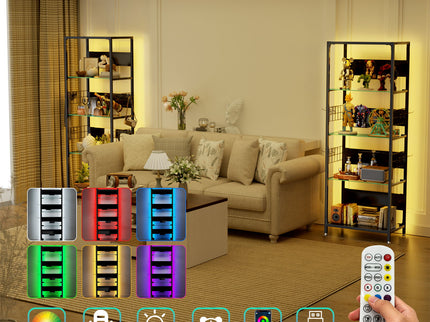 4 Tier Display Shelf With RGB Lights, LED Lighted Curio Cabinet With Adjustable Storage Box & Hooks - Black
