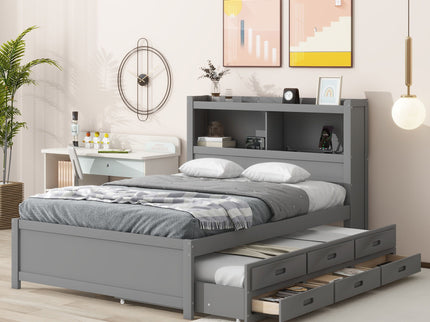 Full Size Platform Bed With Trundle, Drawers, USB Ports And Built In Shelves - Gray