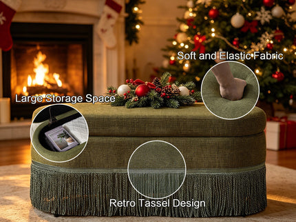 Oval Upholstered Storage Ottoman With Fringe Trim & Lift Top Lid