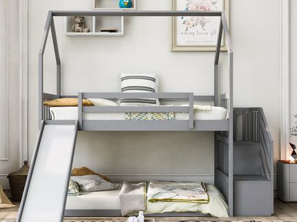 Twin Over Twin House Bunk Bed With Convertible Slide, Storage Staircase
