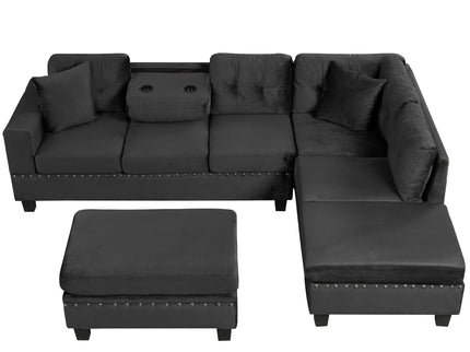 Modern Sectional Sofa With Storage Ottoman, L - Shape Couch With 2 Pillows And Cup Holders