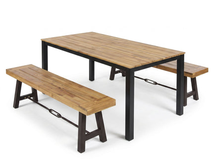 3 Piece Outdoor Dining Set, Rectangular Patio Table & 2 Benches - Black / Teak