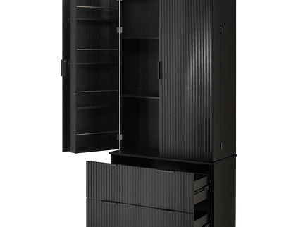 Fluted Kitchen Pantry Cabinet With 2 Large Drawers & 8 Door Spice Rack
