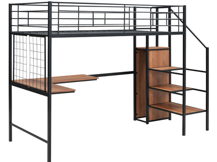 Loft Bed With Desk And Grid, Stylish Frame With Lateral Storage Ladder And Wardrobe