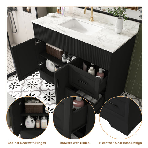 Bathroom Vanity, Fluted Cabinet, Soft Close Doors & Drawers, Single Faucet Hole, Sink Included - Black