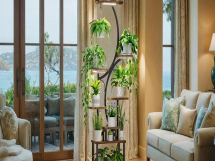 8 Tier Indoor Plant Stand With Grow Lights, S Shaped Metal Shelf For Multiple Plants - Black / Dark Walnut