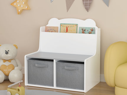 Bookshelf With Storage Bins, Bookcase With Book Display Shelf And 2 Bins, Cute Bear Shaped Backboard, Toy Organizer - White
