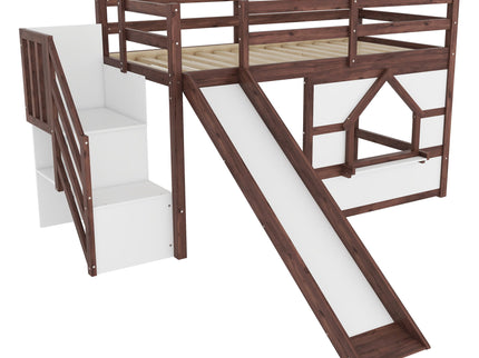 Loft Bed With Storage Stairs, Slide, Playhouse Window And 7 Colors LED Lights