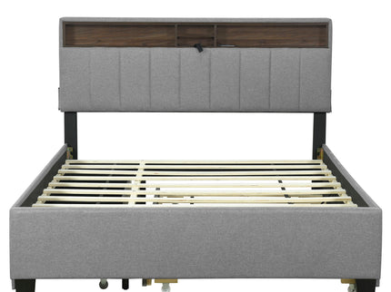 Upholstered Platform Bed With Storage Headboard, Trundle & 2 Drawers And A Set Of Sockets & USB Ports