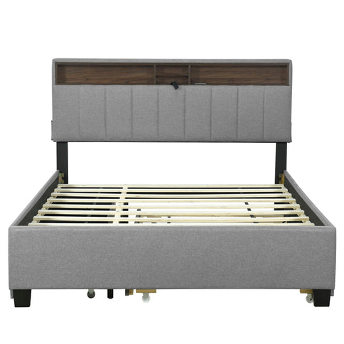 Upholstered Platform Bed With Storage Headboard, Trundle & 2 Drawers And A Set Of Sockets & USB Ports
