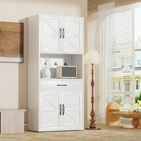 Kitchen Pantry Cabinet With Adjustable Shelves, Drawers, Hooks And Large Countertop - White