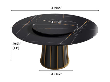 Modern Artificial Stone Round Metal Iron Base Dining Table, Can Accommodate 8 People Artificial Stone Turntable (Not Including Chairs) - Black