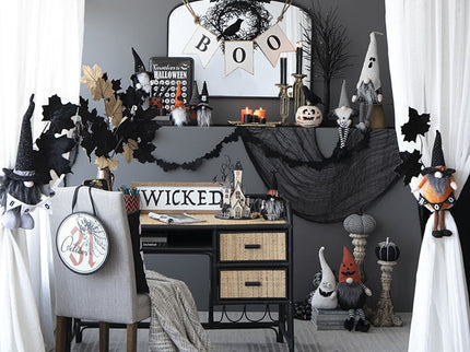 Sitting Gnome With Knit Hat, For Halloween Decor - Black / Orange / White